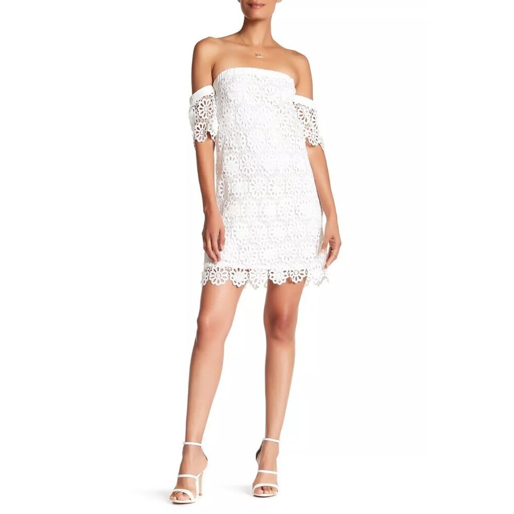 Trina Turk Alejandra Off the Shoulder Silk Contrast Lace Dress White Size 8 NWT